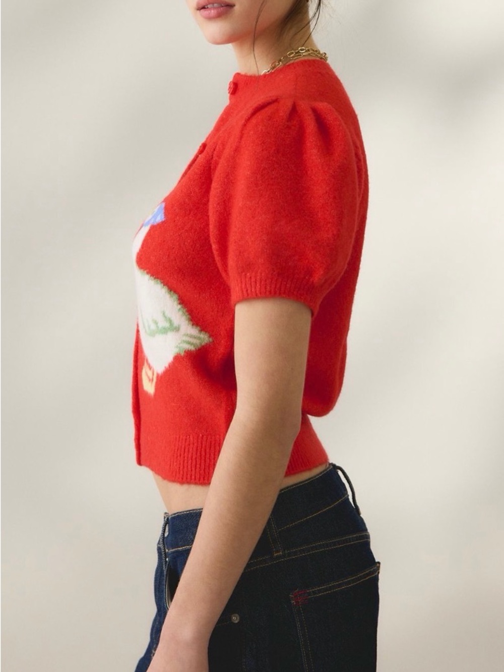 NWOT Urban Outfitters Kimchi Blue Kate Goose Motif Puff Short Sleeve Cardigan, S - Picture 3 of 10